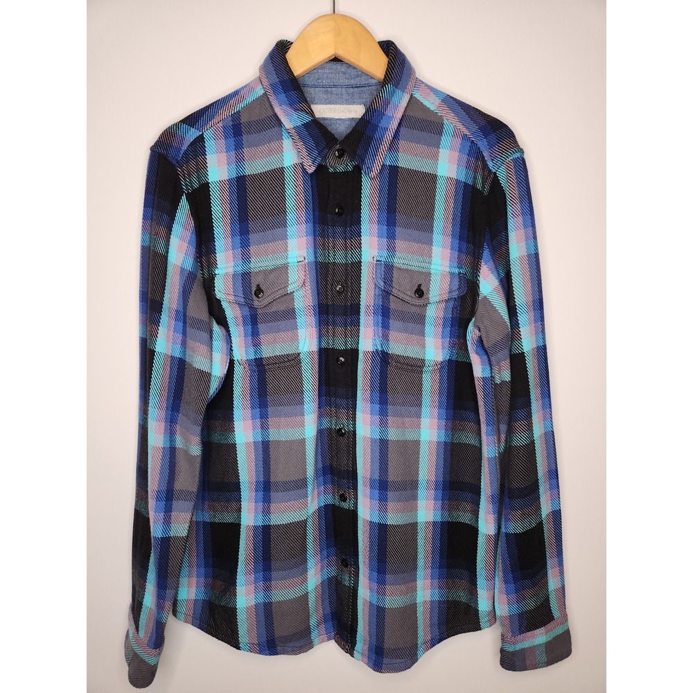 Outerknown Blanket Shirt Mens Medium Organic Cotton Twill Plaid Flannel Blue